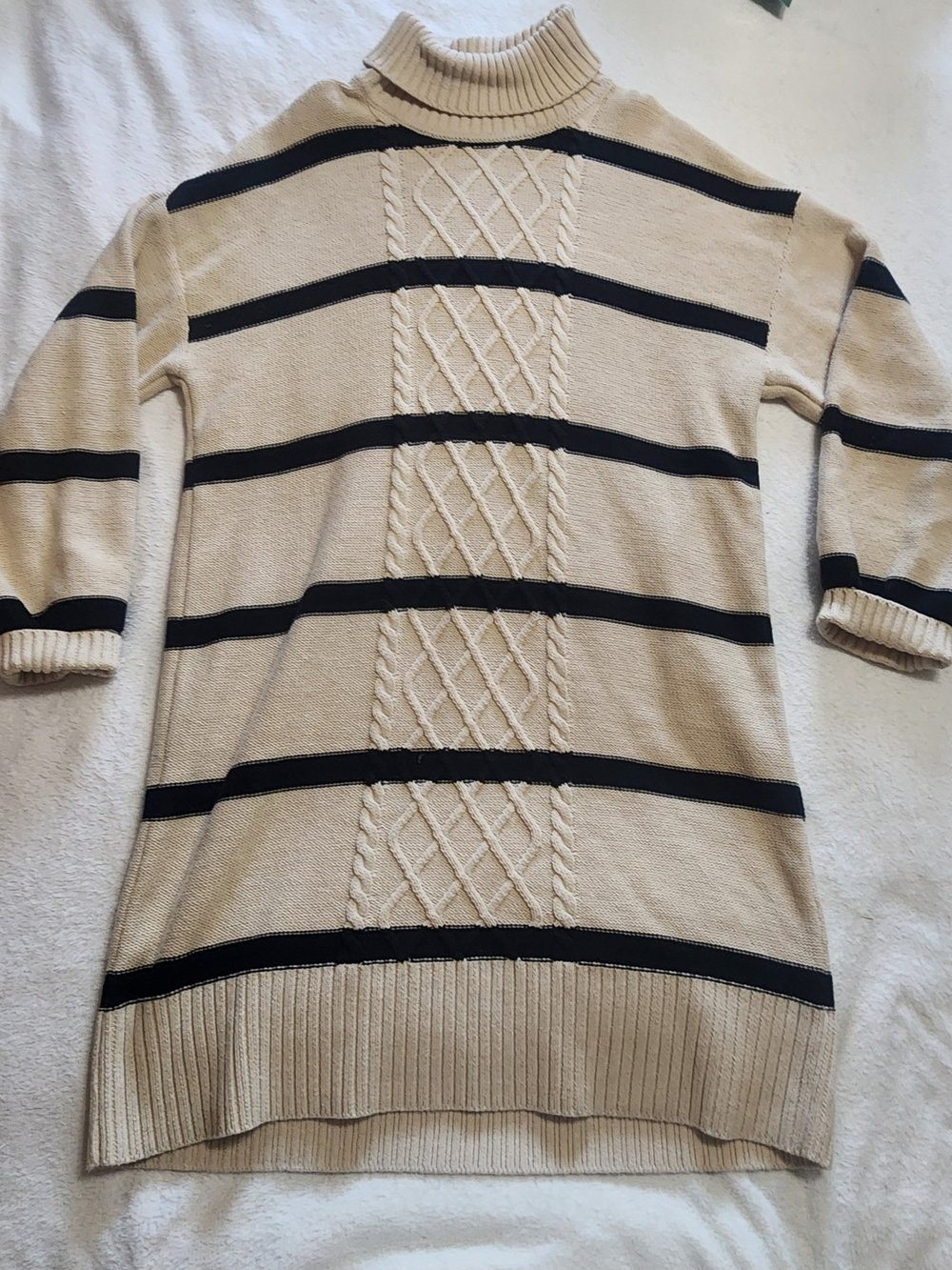 New York & Company Striped Turtleneck Cable Knit Sweater Dress Beige Large